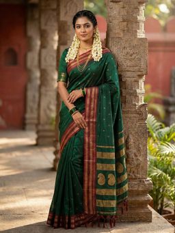Sutriti - Dark Green Rich Border Saree with Unstitched Blouse