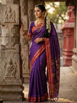 Sutriti - Amethyst Royal Purple Contrast Border Saree with Unstitched Blouse