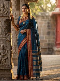 Sutriti - The Peacock Hue Teal Blue Zari Border Saree with Unstitched Blouse