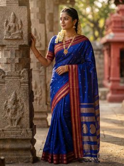 Sutriti - The Peacock Hue Blue Contrast Zari Border Saree with Unstitched Blouse
