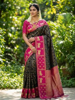 Sutriti - Black Handloom Zari Temple Border Saree with Unstitched Blouse