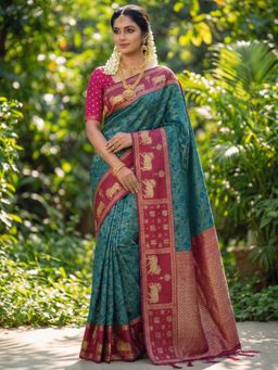Sutriti - Teal Handloom Zari Temple Border Saree with Unstitched Blouse