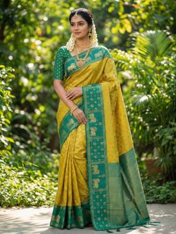Sutriti - Mustard Handloom Zari Temple Border Saree with Unstitched Blouse