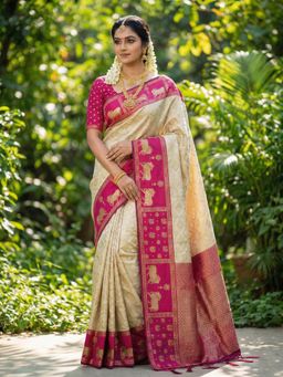 Sutriti - Cream Handloom Zari Temple Border Saree with Unstitched Blouse