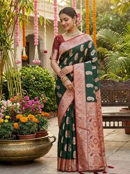 Sutriti - Green Paisley Butti Banarasi Rich Woven Border Saree with Unstitched Blouse