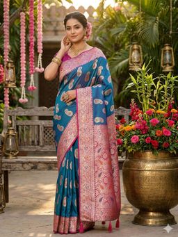 Sutriti - Aqua Paisley Butti Banarasi Rich Woven Border Saree with Unstitched Blouse