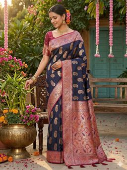 Sutriti - Navy Blue Paisley Butti Banarasi Rich Woven Border Saree with Unstitched Blouse
