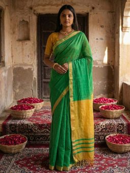 Sutriti - Green Woven Design Linen Blend Saree with Unstitched Blouse