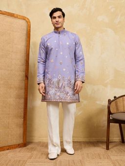 Odette - Lavender Silk Blend Embroidered Stitched Kurta with Trousers for Men