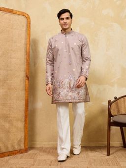 Odette - Mauve Silk Blend Embroidered Stitched Kurta with Trousers for Men