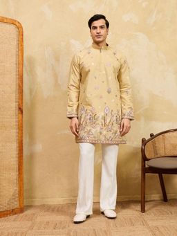 Odette - Yellow Silk Blend Embroidered Stitched Kurta with Trousers for Men