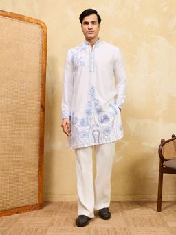 Odette - White Silk Blend Embroidered Stitched Kurta with Trousers for Men