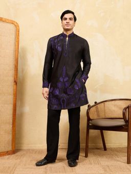 Odette - Black Silk Blend Embroidered Stitched Kurta with Trousers for Men