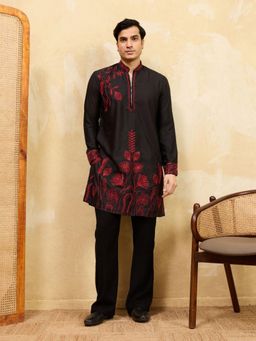 Odette - Black Silk Blend Embroidered Stitched Kurta with Trousers for Men