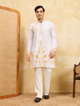 Odette - White Silk Blend Embroidered Stitched Kurta with Trousers for Men