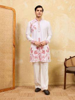 Odette - White Silk Blend Embroidered Stitched Kurta with Trousers for Men