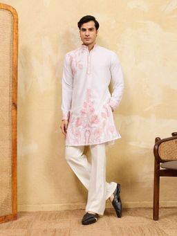 Odette - White Silk Blend Embroidered Stitched Kurta with Trousers for Men