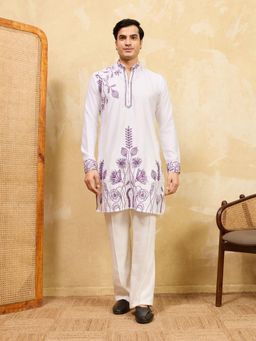 Odette - White Silk Blend Embroidered Stitched Kurta with Trousers for Men