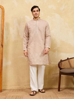 Odette - Beige Silk Blend Embroidered Stitched Kurta with Trousers for Men