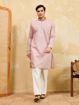 Odette - Pink Silk Blend Embroidered Stitched Kurta with Trousers for Men