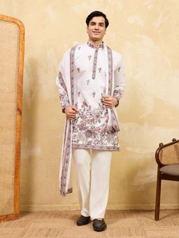 Odette - White Silk Blend Embroidered Kurta and Trousers with Dupatta
