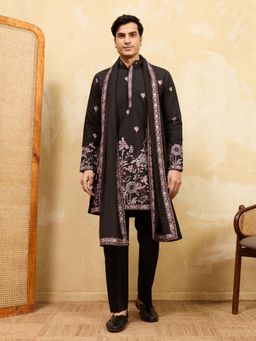 Odette - Black Silk Blend Embroidered Kurta and Trousers with Dupatta