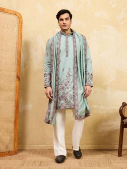 Odette - Green Silk Blend Embroidered Kurta and Trousers with Dupatta