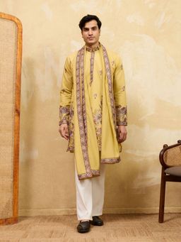 Odette - Yellow Silk Blend Embroidered Kurta and Trousers with Dupatta