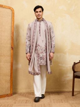 Odette - Beige Silk Blend Embroidered Kurta and Trousers with Dupatta