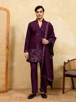 Odette - Maroon Silk Blend Embroidered Kurta and Trousers with Dupatta