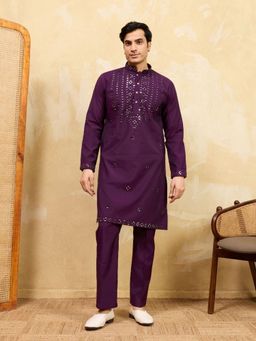 Odette - Purple Silk Blend Embellished Stitched Kurta with Trousers for Men