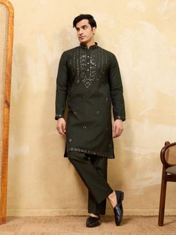 Odette - Green Silk Blend Embellished Stitched Kurta with Trousers for Men