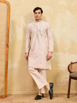 Odette - Beige Silk Blend Embellished Stitched Kurta with Trousers for Men