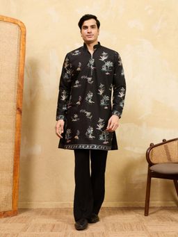 Odette - Men Black Silk Blend Embroidered Kurta and Trousers Set