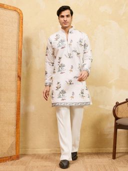 Odette - Men White Silk Blend Embroidered Kurta and Trousers Set