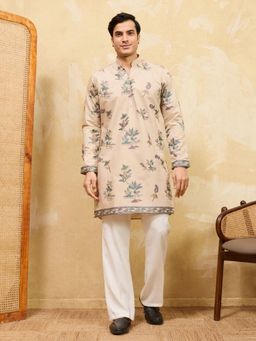 Odette - Men Beige Silk Blend Embroidered Kurta and Trousers Set