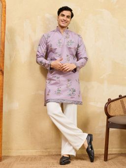 Odette - Men Purple Silk Blend Embroidered Kurta and Trousers Set