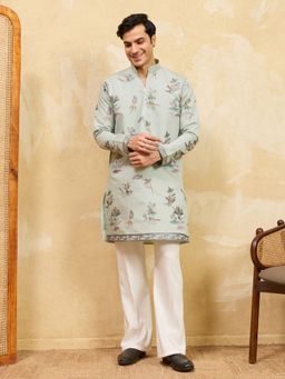 Odette - Men Green Silk Blend Embroidered Kurta and Trousers Set