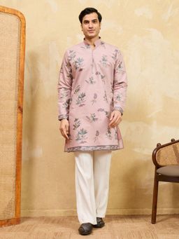Odette - Men Pink Silk Blend Embroidered Kurta and Trousers Set