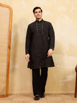 Odette - Black Silk Blend Embellished Kurta and Trousers Set