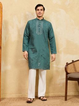 Odette - Teal Silk Blend Embellished Kurta and Trousers Set