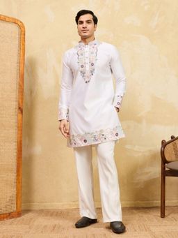 Odette - White Silk Blend Embroidered Stitched Kurta and Trousers Set