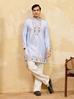 Odette - Blue Silk Blend Embroidered Stitched Kurta and Trousers Set