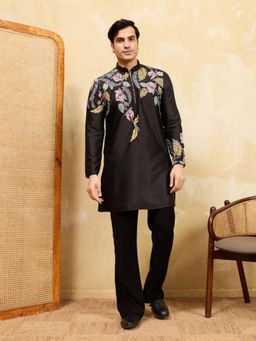 Odette - Black Silk Blend Embroidered Kurta and Trousers Set