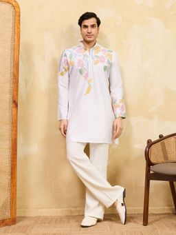 Odette - White Silk Blend Embroidered Kurta and Trousers Set