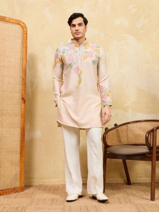 Odette Beige Silk Blend Embroidered Kurta and Trousers Set