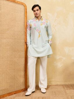 Odette - Blue Silk Blend Embroidered Kurta and Trousers Set