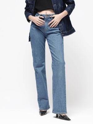 Rareism Women Fronk Light Blue Poly Cotton Fabric Tailored Fit Solid Mid Rise Ankle Length Track Pant
