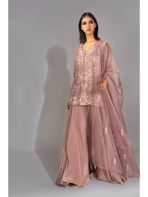 Mauve Embellished Georgette Kurta Sharara Set with Embroidery Dupatta