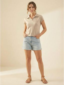 WINEBERRY - Beige Women Basic Collar Half Sleeve Polo T-shirt